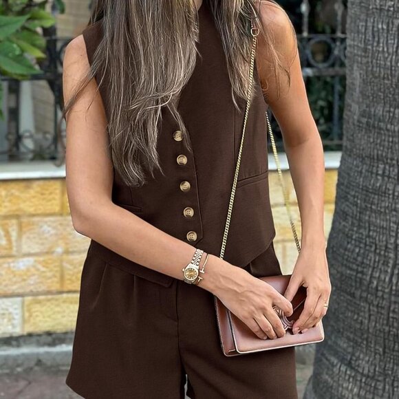 Stylish Sleeveless Vest and Shorts Set for Elegant Summer Days - Dark Coffee - Picture 6 of 7
